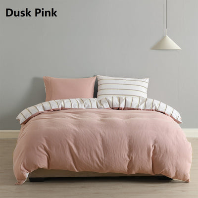 Royal Comfort Hemp Braid Cotton Blend Quilt Cover Set Reverse Stripe Bedding - King - Dusk Pink Payday Deals