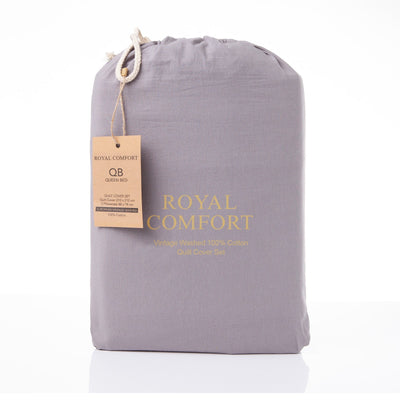 Royal Comfort Vintage Washed 100 % Cotton Quilt Cover Set Single - Grey Payday Deals