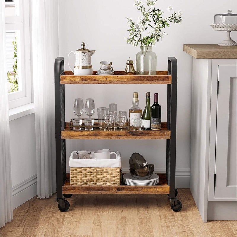 Rustic Brown Kitchen Trolley Rolling Cart with Steel Structure (66 x 26 x 85 cm) Payday Deals