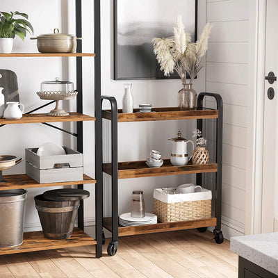 Rustic Brown Kitchen Trolley Rolling Cart with Steel Structure (66 x 26 x 85 cm) Payday Deals