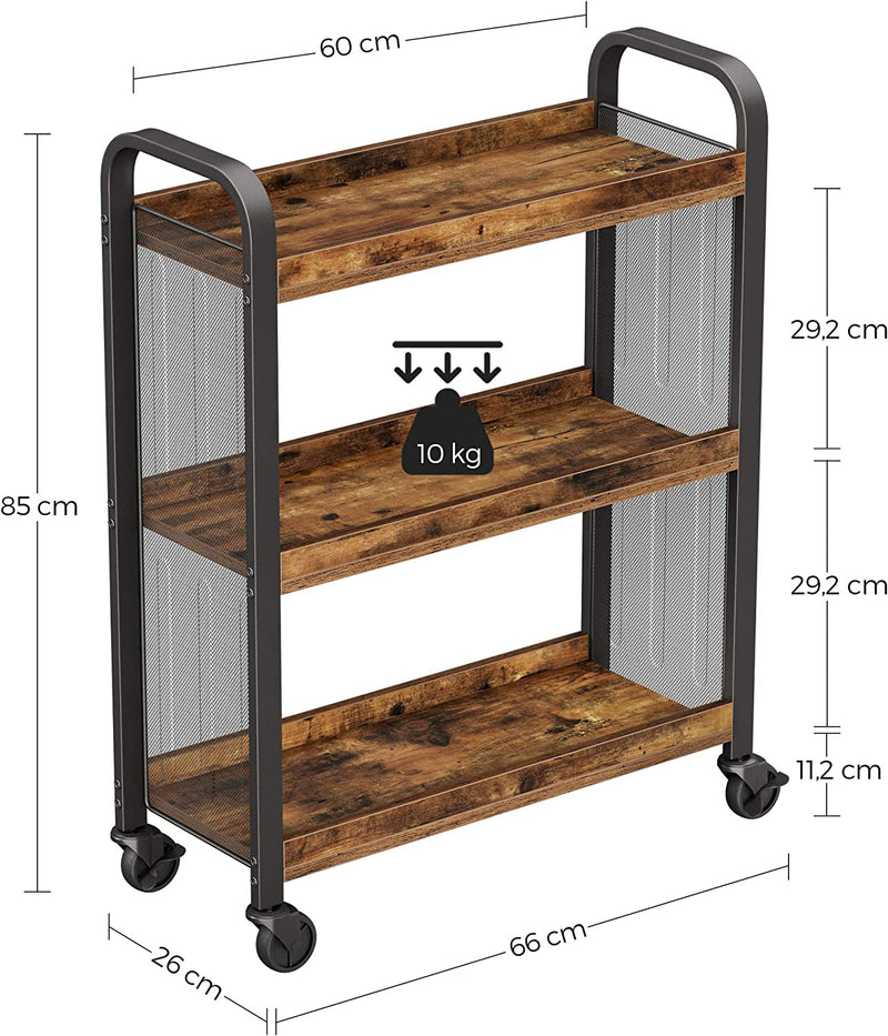 Rustic Brown Kitchen Trolley Rolling Cart with Steel Structure (66 x 26 x 85 cm) Payday Deals