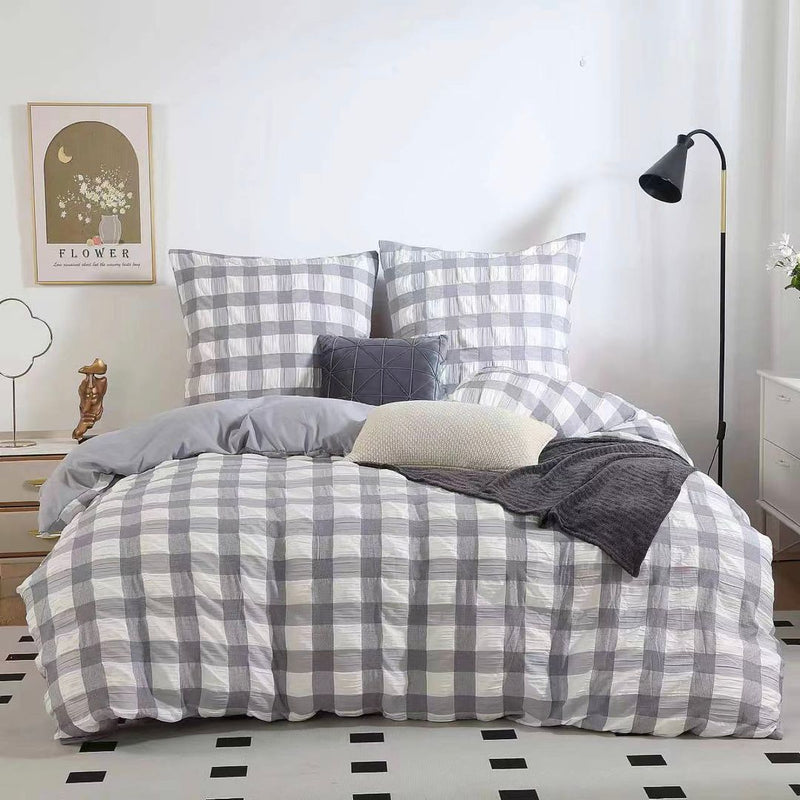 Rylee Grey Check Seersucker Quilt Cover Set - King Size Payday Deals