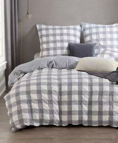 Rylee Grey Check Seersucker Quilt Cover Set - King Size Payday Deals