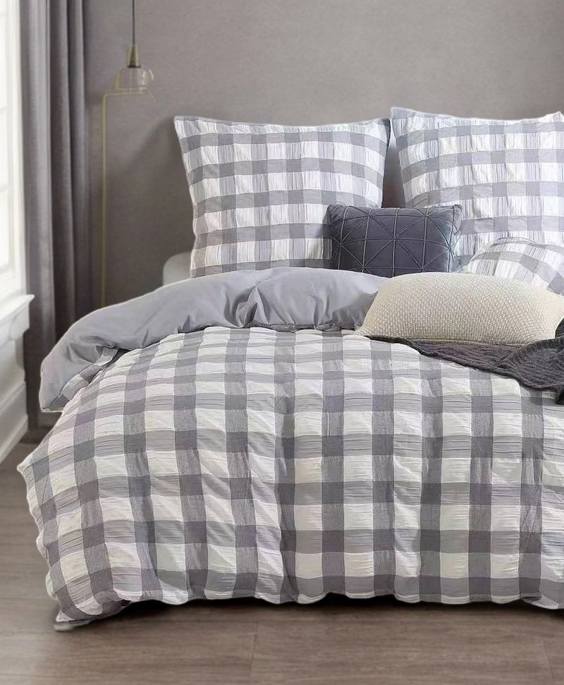 Rylee Grey Check Seersucker Quilt Cover Set - King Size Payday Deals