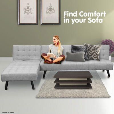 Sarantino 3-seater Corner Sofa Bed With Lounge Chaise Couch Furniture Light Grey Payday Deals