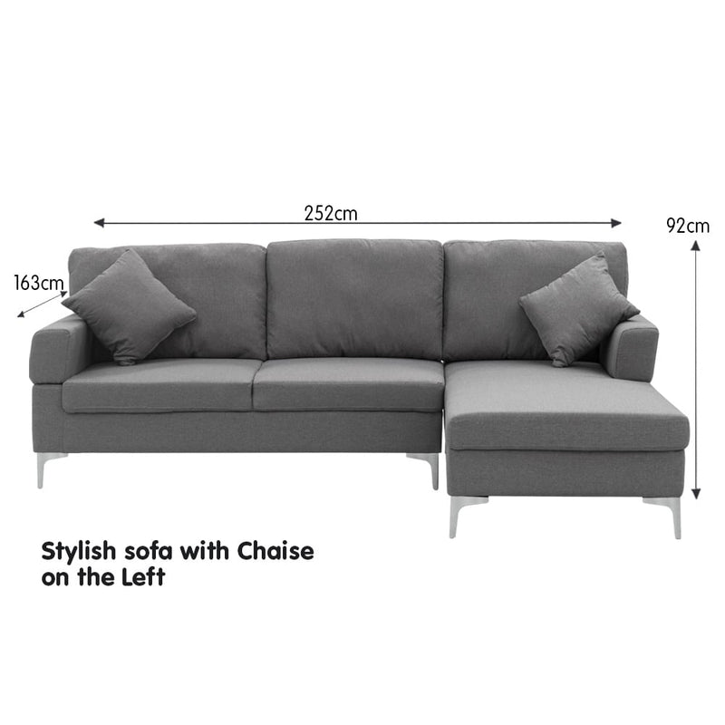 Sarantino 3 Seater Linen Sofa Lounge Left Side Chaise Couch Furniture Dark Grey L-shaped Payday Deals