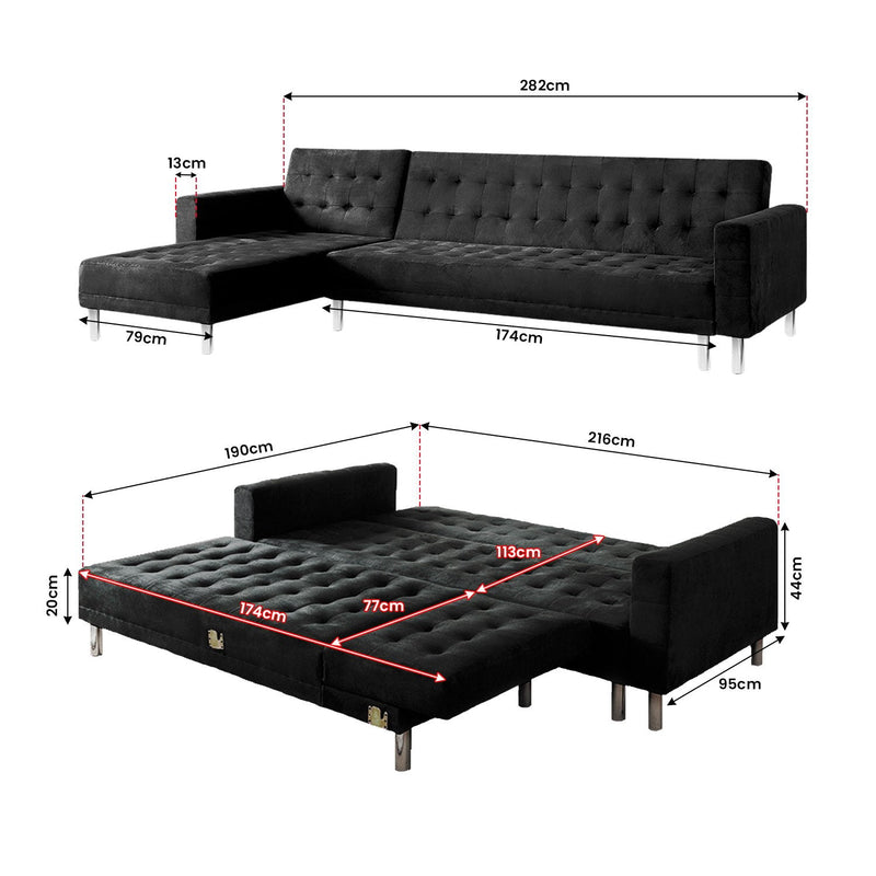 Sarantino Faux Velveteen Corner Wooden Sofa Bed Couch with Chaise Black Payday Deals