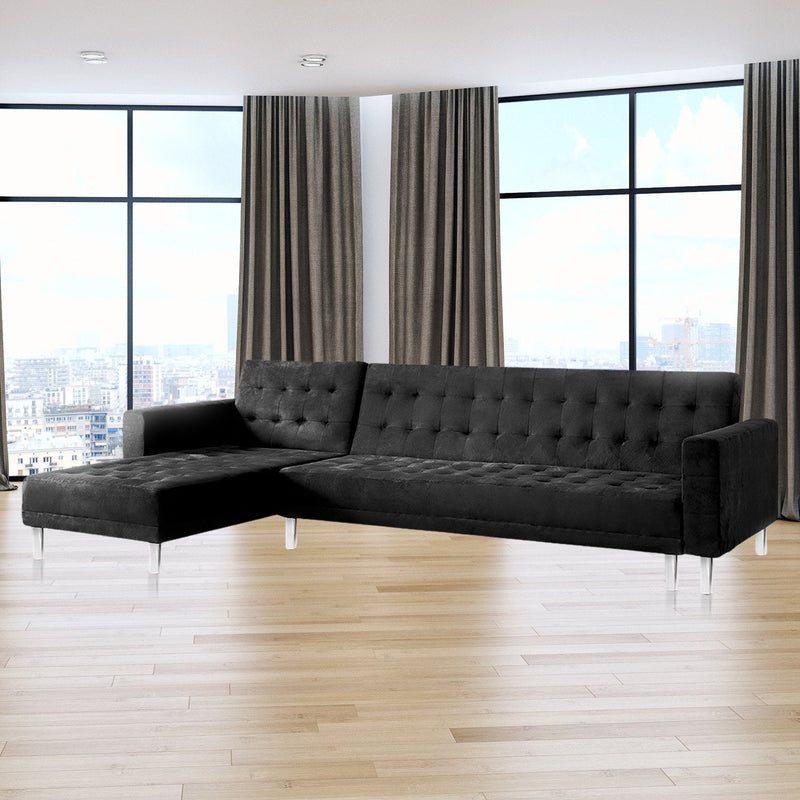 Sarantino Faux Velveteen Corner Wooden Sofa Bed Couch with Chaise Black Payday Deals