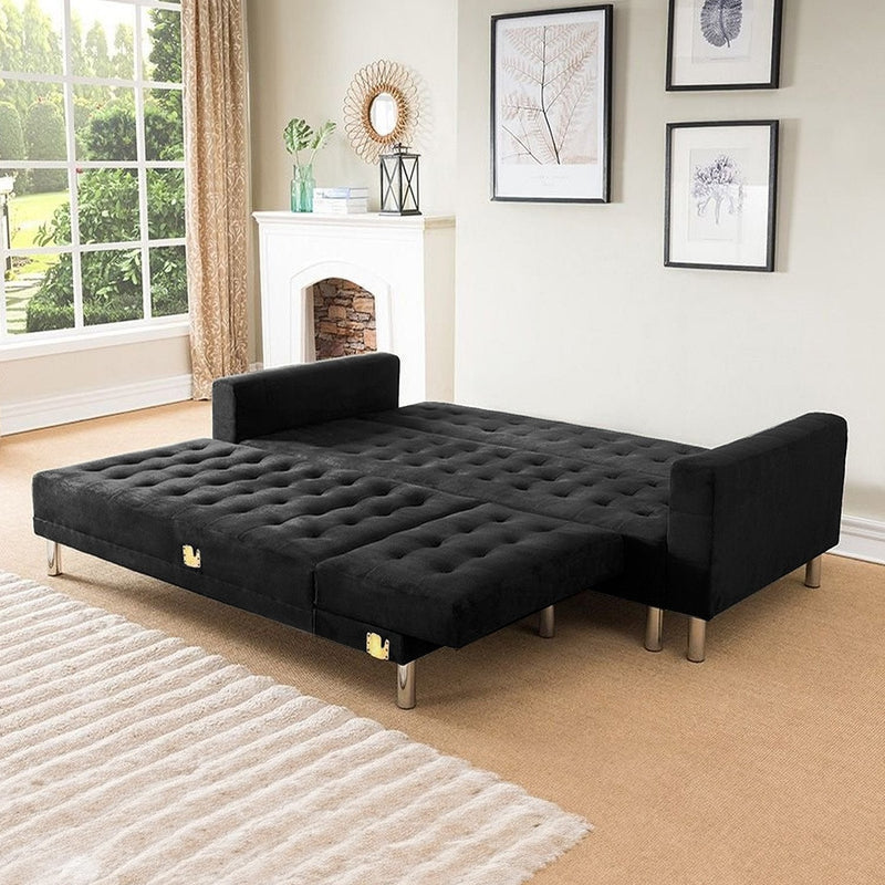 Sarantino Faux Velveteen Corner Wooden Sofa Bed Couch with Chaise Black Payday Deals