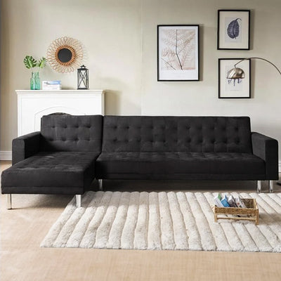 Sarantino Faux Velveteen Corner Wooden Sofa Bed Couch with Chaise Black Payday Deals