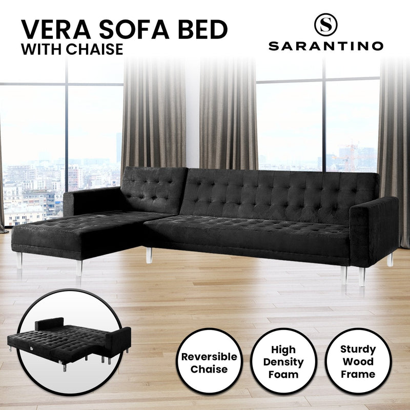 Sarantino Faux Velveteen Corner Wooden Sofa Bed Couch with Chaise Black Payday Deals