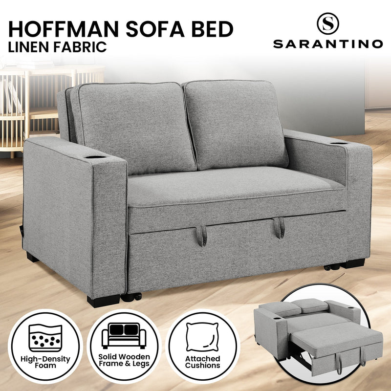 Sarantino Hoffman Linen Sofa Bed Chair With Cushions &cup Holders Light Grey Payday Deals