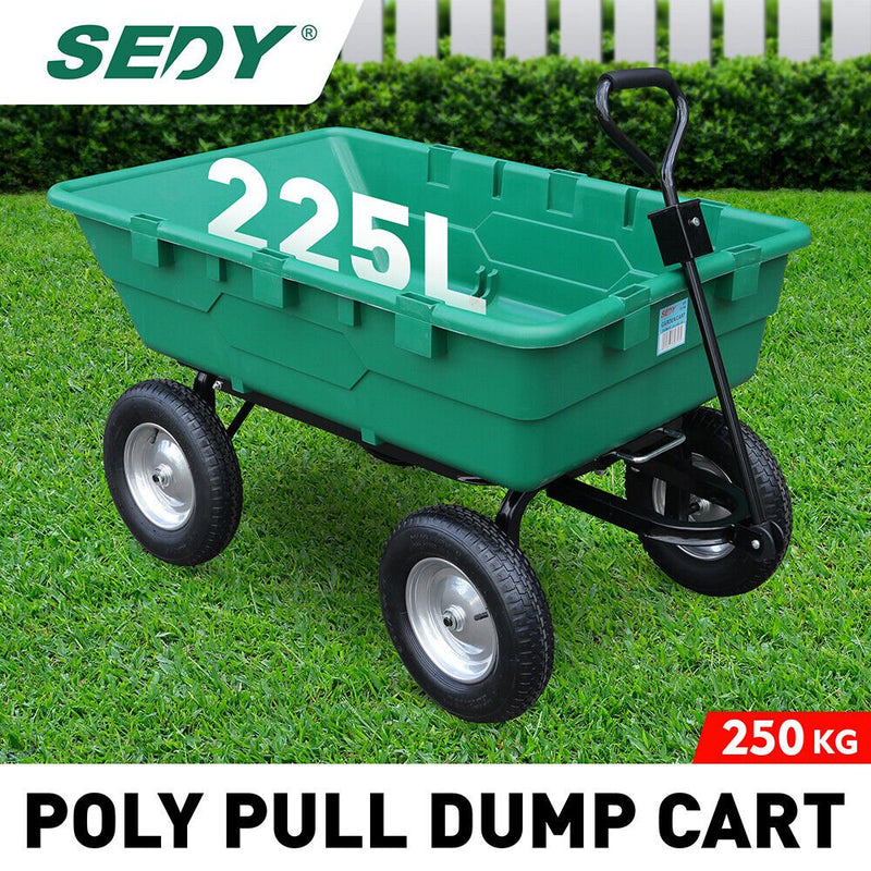 SEDY 225L Poly Pull Dump Cart Garden Hand Trailer Wagon Lawn Wheelbarrow Payday Deals