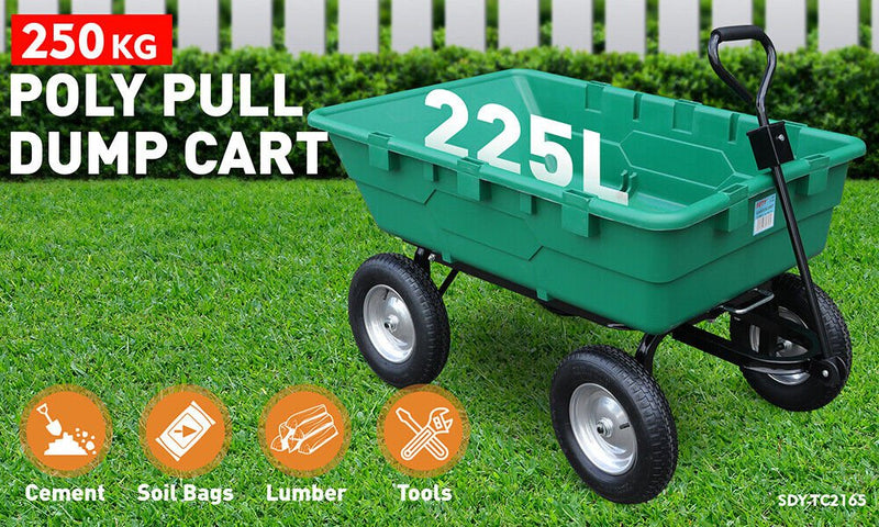 SEDY 225L Poly Pull Dump Cart Garden Hand Trailer Wagon Lawn Wheelbarrow Payday Deals