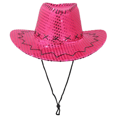 Sequin Cowboy Hat Glitter Cap Western Trilby Shiny Cowgirl Dress Up Party Wear, Hot Pink