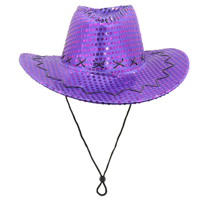 Sequin Cowboy Hat Glitter Cap Western Trilby Shiny Cowgirl Dress Up Party Wear, Purple