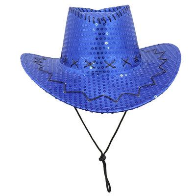Sequin Cowboy Hat Glitter Cap Western Trilby Shiny Cowgirl Dress Up Party Wear, Royal Blue