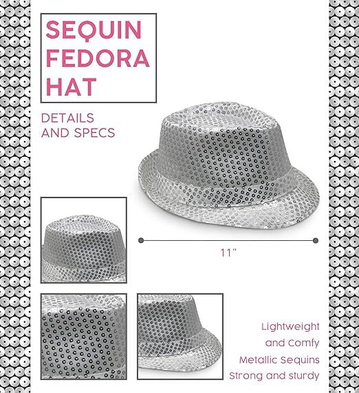 SEQUIN HAT Trilby Fedora Glitter Cap Costume Dance Party - Silver Payday Deals