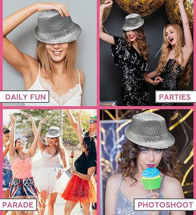 SEQUIN HAT Trilby Fedora Glitter Cap Costume Dance Party - Silver Payday Deals