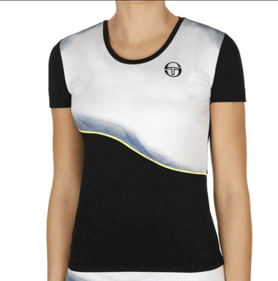 Sergio Tacchini Women's Grid Coast Short Sleeve T-Shirt Tennis Sport - Black/White/Yellow Payday Deals