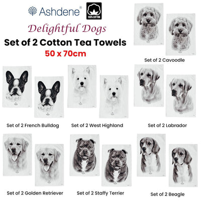 Set of 2 Delightful Dogs Cotton Kitchen Tea Towels 50 x 70 cm West Highland Payday Deals