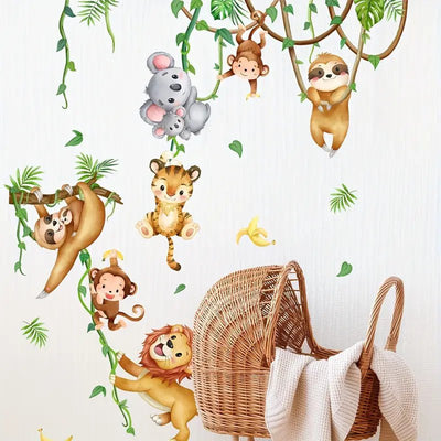 Set Of 2 Kids Room Wall Stickers Tree Branches Vine Monkey Pattern Self-Adhesive Wall Stickers