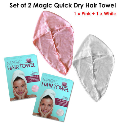 Set of 2 Magic Quick Dry Microfibre Hair Dryer Towels Pink + White Payday Deals