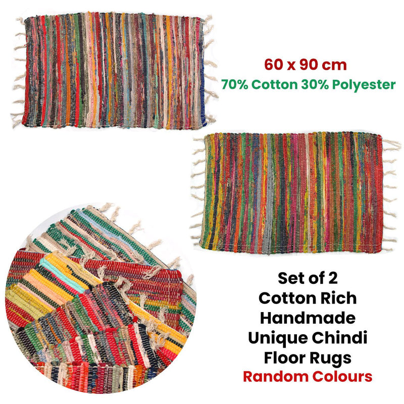 Set of 2 Random Colour Hand Made Cotton Rich Chindi Floor Rugs 60 x 90 cm Payday Deals