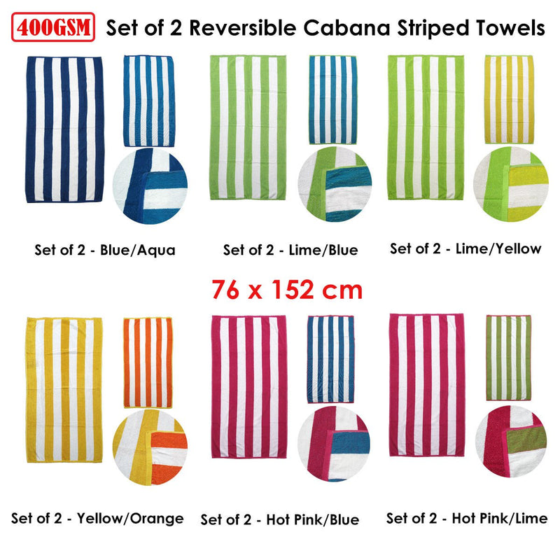 Set of 2 Reversible Cabana Striped Towels Lime/Blue Payday Deals