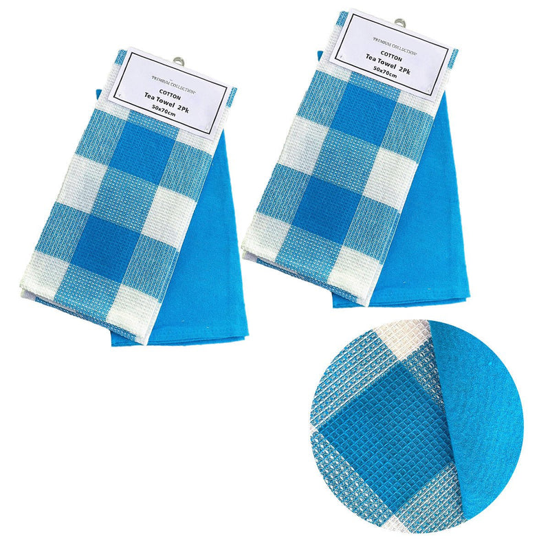 Set of 4 Cotton Waffle Checkered & Plain Dyed Tea Towels 50cm x 70cm Aqua Payday Deals