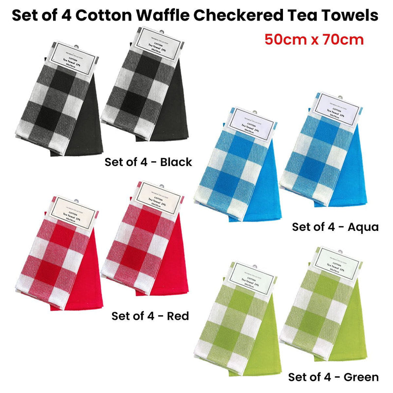 Set of 4 Cotton Waffle Checkered & Plain Dyed Tea Towels 50cm x 70cm Aqua Payday Deals