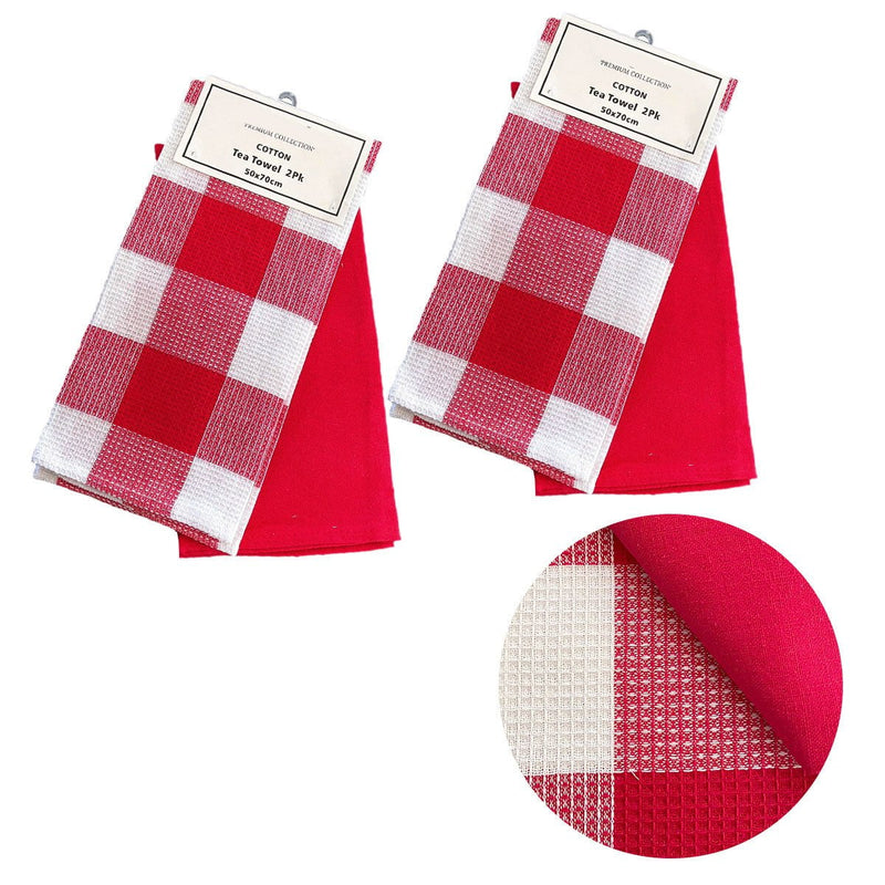 Set of 4 Cotton Waffle Checkered & Plain Dyed Tea Towels 50cm x 70cm Red Payday Deals