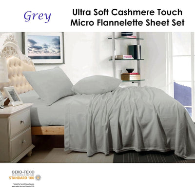 Shangri La Cashmere Touch Micro Flannelette Sheet Set Grey Queen Payday Deals