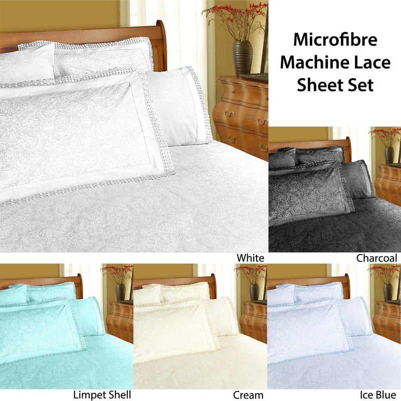 Shangri La Microfibre Machine Lace Sheet Set Cream King Payday Deals