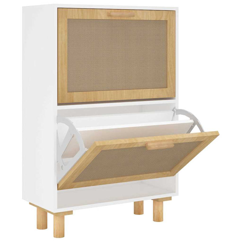 Shoe Cabinet White 52x25x80 cm Engineered Wood and Natural Rattan Payday Deals