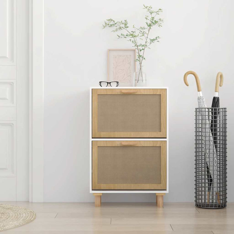 Shoe Cabinet White 52x25x80 cm Engineered Wood and Natural Rattan Payday Deals
