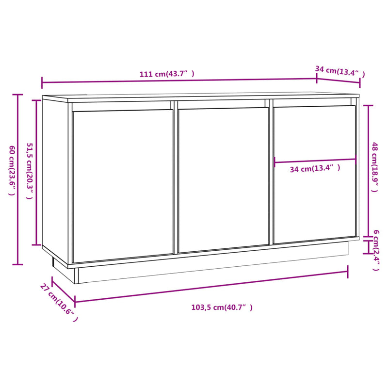 Sideboard White 111x34x60 cm Solid Wood Pine Payday Deals