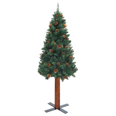 Slim Christmas Tree with Real Wood and Cones Green 150 cm PVC Payday Deals