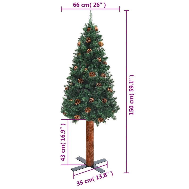 Slim Christmas Tree with Real Wood and Cones Green 150 cm PVC Payday Deals