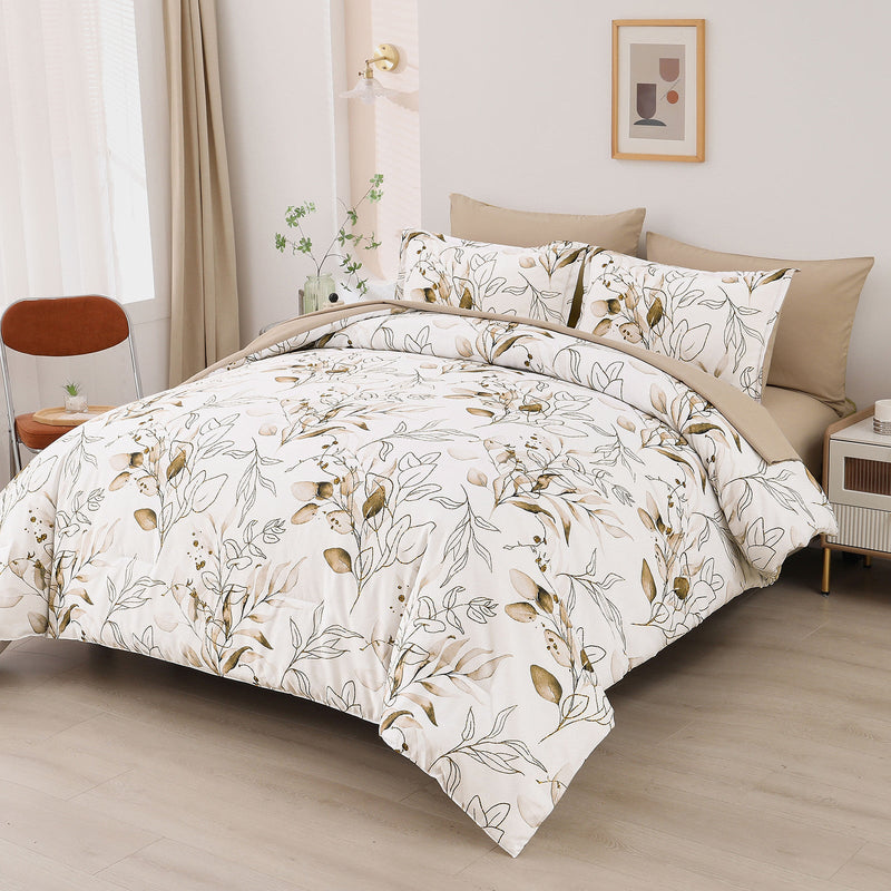 Soft Floral Leaf Comforter Set, King Size, Plush Quilted Bedding with Pillowcases Payday Deals