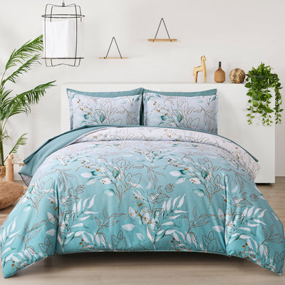 Soft Floral Leaf Comforter Set, King Size, Quilted Cozy Bedding with Pillowcases