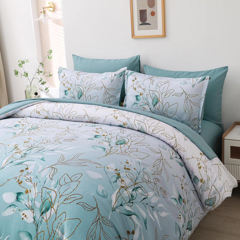 Soft Floral Leaf Comforter Set, King Size, Quilted Cozy Bedding with Pillowcases Payday Deals