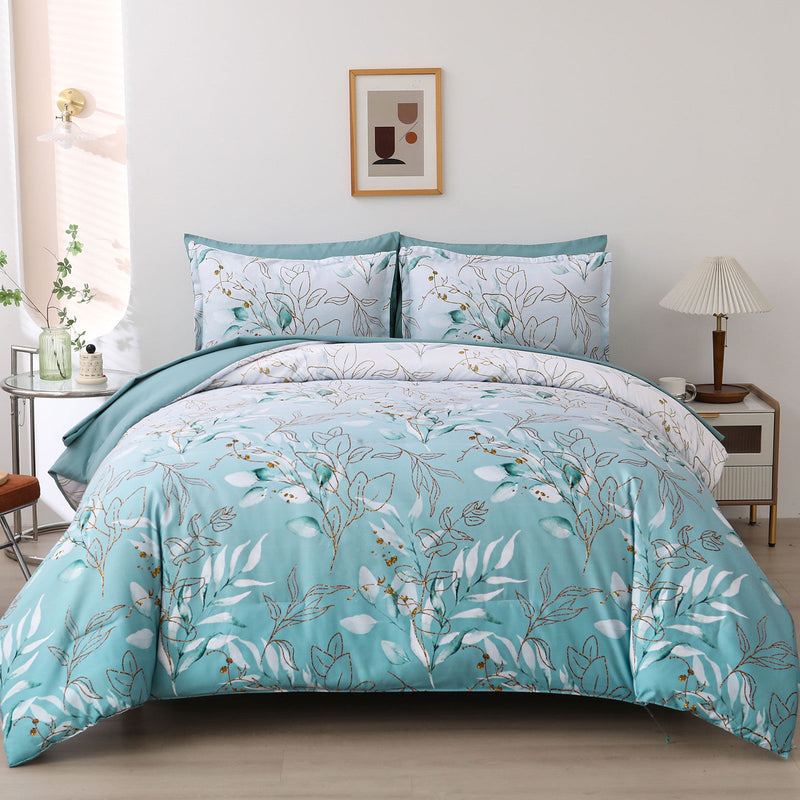 Soft Floral Leaf Comforter Set, King Size, Quilted Cozy Bedding with Pillowcases Payday Deals