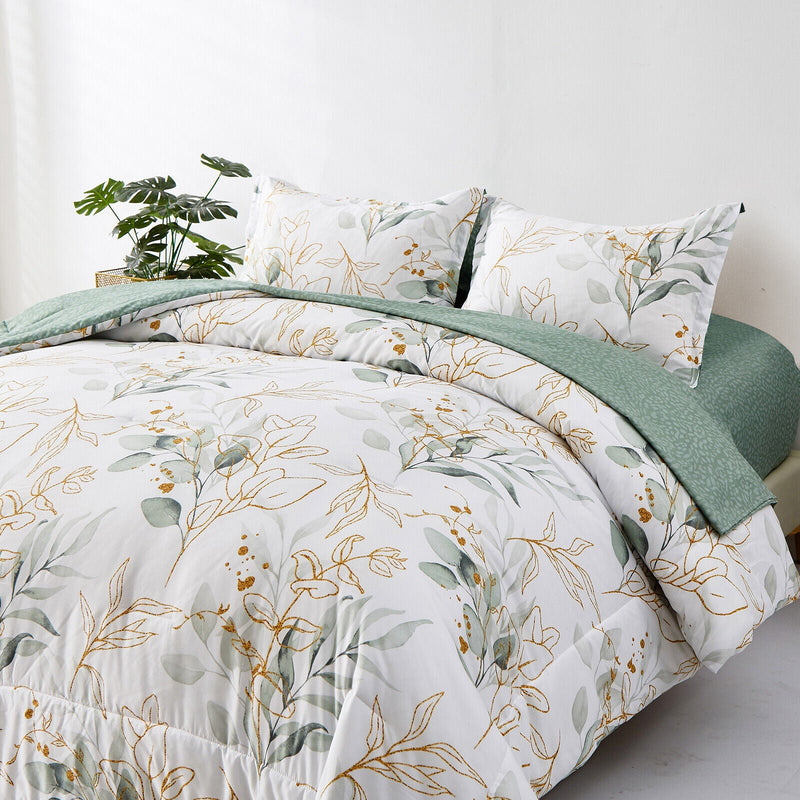 Soft Leaves Comforter Set, King Size, Plush Quilted Bedding with Pillowcases Payday Deals