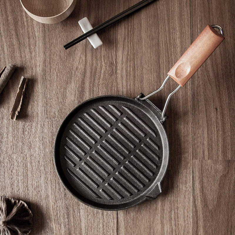 SOGA 24cm Round Ribbed Cast Iron Steak Frying Grill Skillet Pan with Folding Wooden Handle Payday Deals