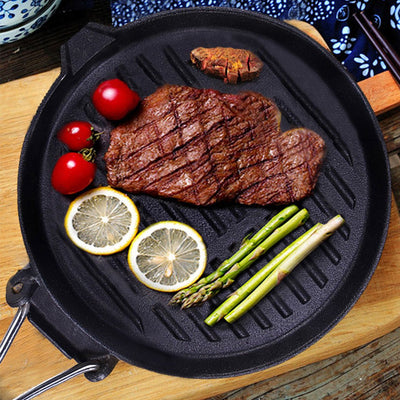 SOGA 24cm Round Ribbed Cast Iron Steak Frying Grill Skillet Pan with Folding Wooden Handle Payday Deals