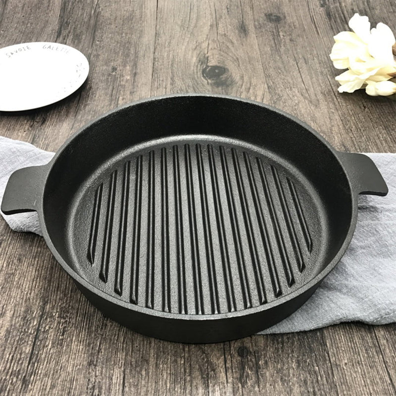 SOGA 26cm Round Ribbed Cast Iron Frying Pan Skillet Steak Sizzle Platter with Handle Payday Deals