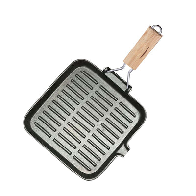 SOGA 28cm Ribbed Cast Iron Square Steak Frying Grill Skillet Pan with Folding Wooden Handle