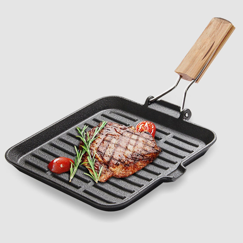 SOGA 28cm Ribbed Cast Iron Square Steak Frying Grill Skillet Pan with Folding Wooden Handle Payday Deals