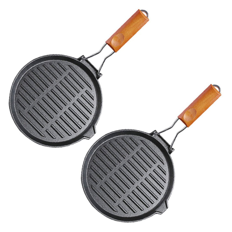 SOGA 2X 24cm Round Ribbed Cast Iron Steak Frying Grill Skillet Pan with Folding Wooden Handle Payday Deals